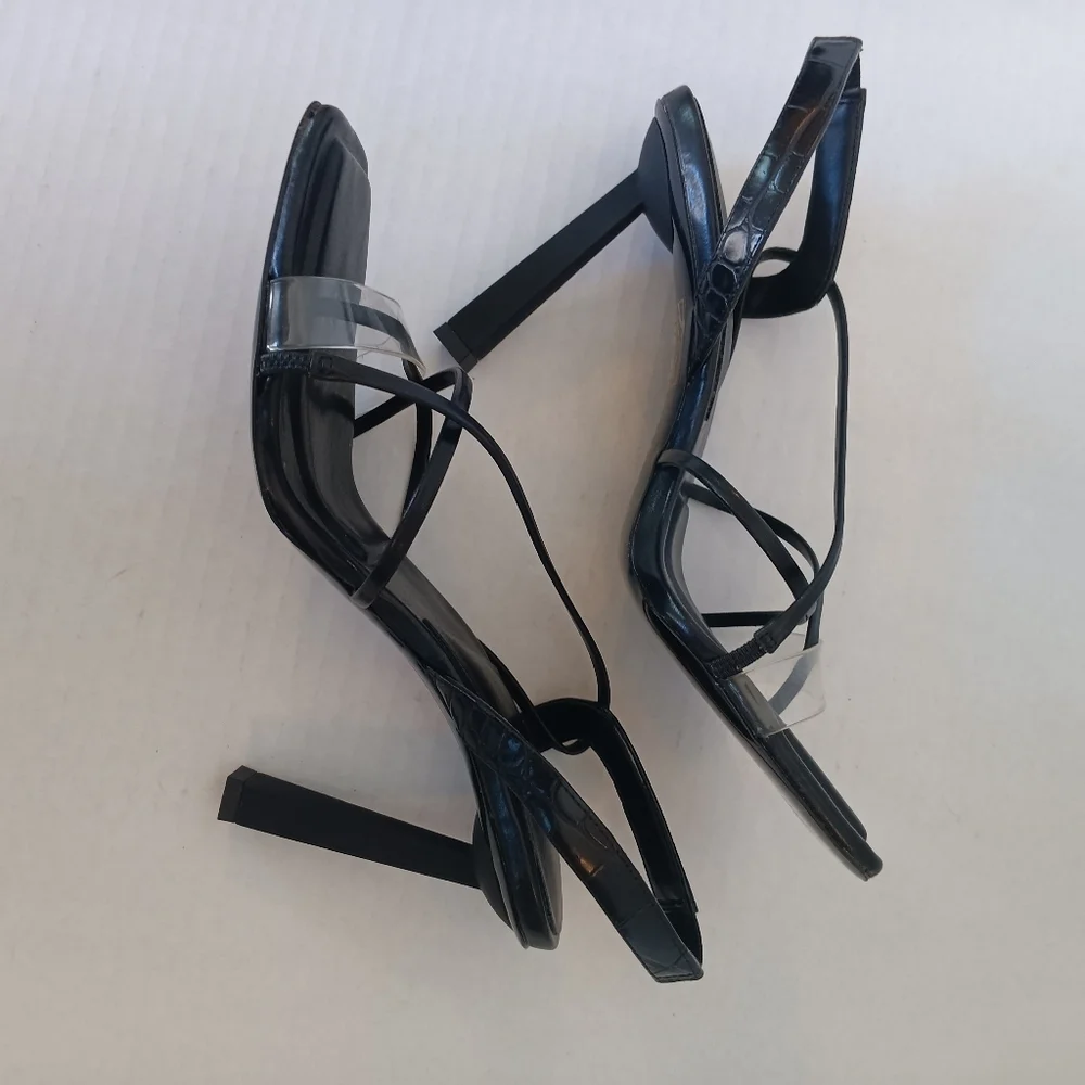 Aldo Sandals Women's Size 8 Juliet Heeled Black Straps Clear Toe Band Square Toe - Picture 4 of 12